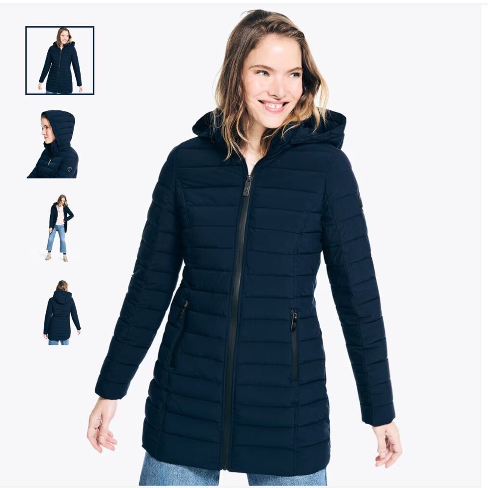 Women's Nautica Thigh Length Puffer Jacket, removable hood, Black - XL
